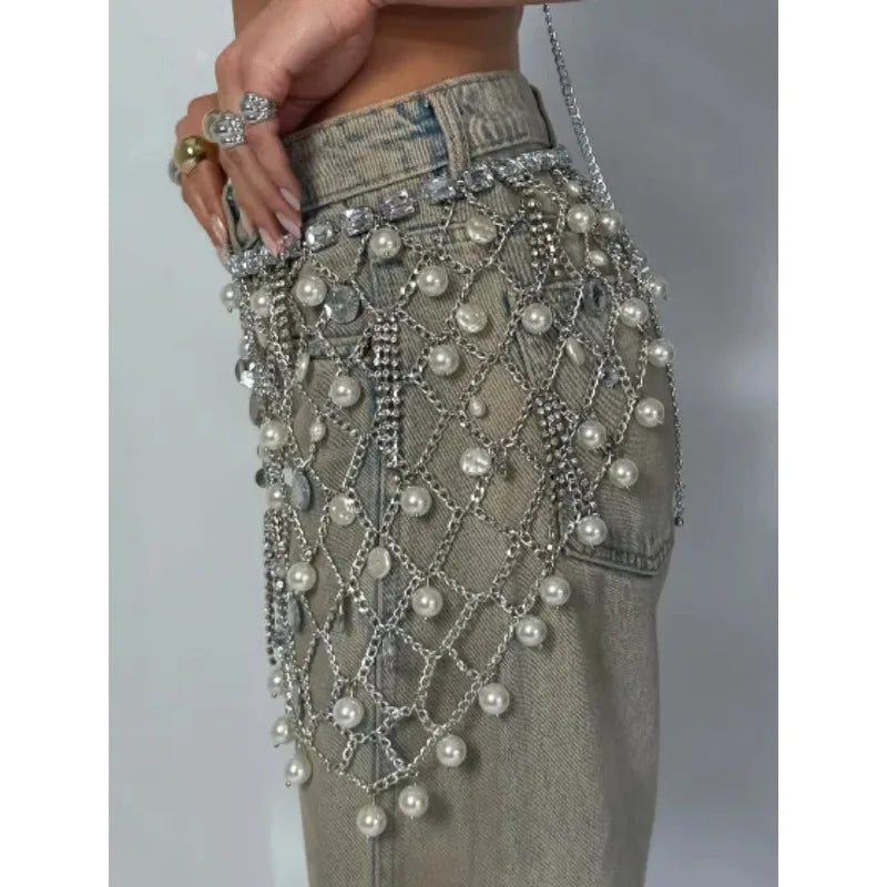 Vintage Pearl Rhinestone Tassel Waist Chain Skirt Hollow Body Chain Women Club Party Streetwear Decorative Waistband Fashion