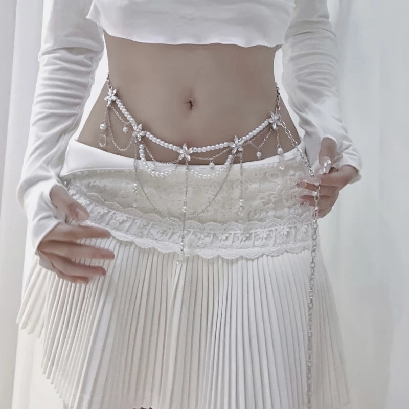 Multi Layered Pearls Tassels Waist Chain Belt for Women Festival Rave Charm
