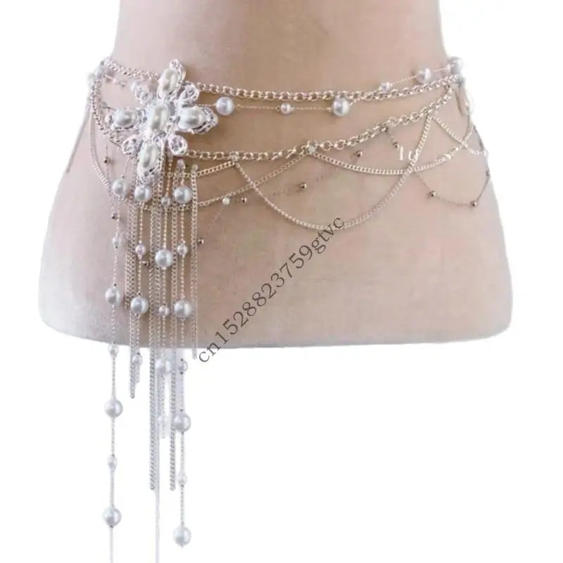 Pearls Beaded Multi Layer Tassels Adjustable Waist Chain Body Jewelry for Women for Summer and Special Occasions D0UF