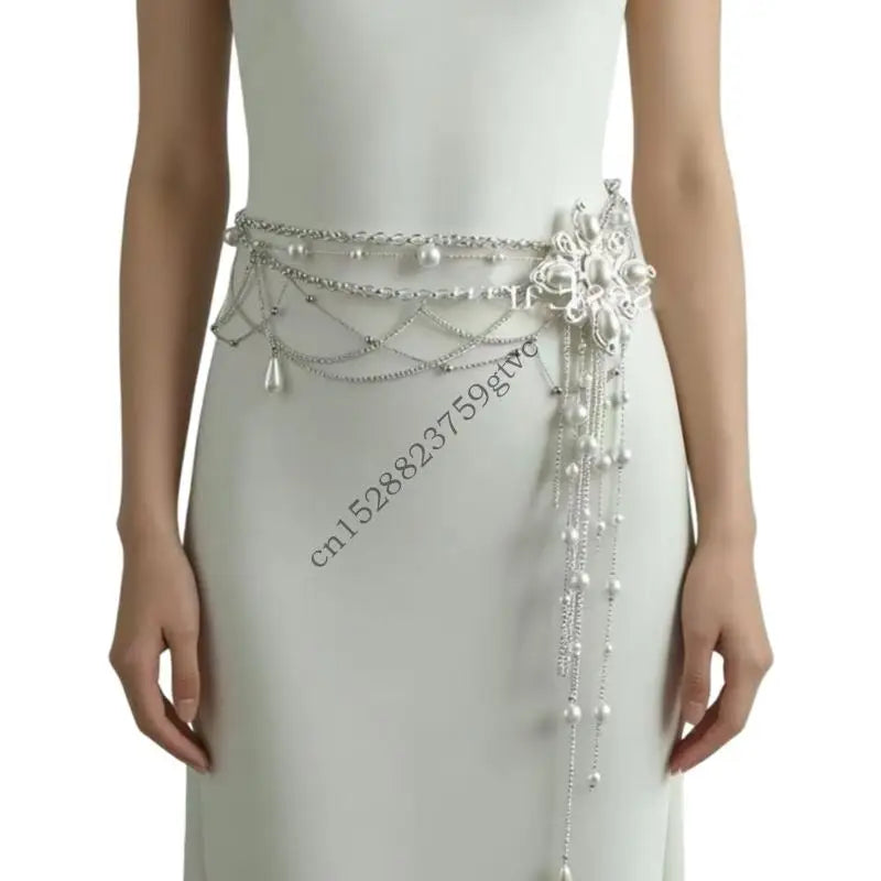 Pearls Beaded Multi Layer Tassels Adjustable Waist Chain Body Jewelry for Women for Summer and Special Occasions D0UF
