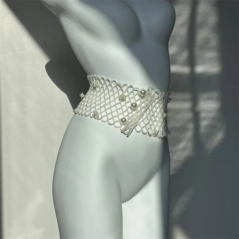 Elegant Women Flower Pearl Waist Belt Elastic Chain Belt For  Female Girls Dress